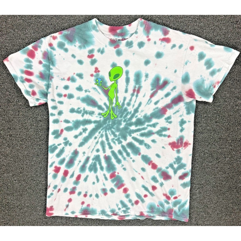 Tie Dye Alien‎ Graphic T-Shirt Green Pink Spiral Tee Men's Medium